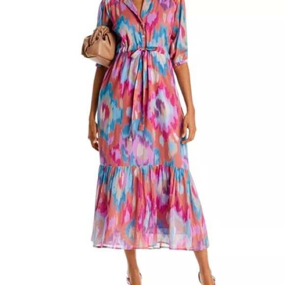 Banjanan Betty Abstract Ikat Print Pink Blue Medi Dress Organic Cotton Dress XL - Picture 2 of 9